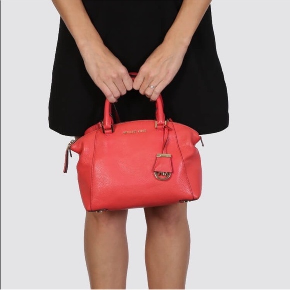 Michael Kors Pebbled Leather Coral Riley Medium Satchel Bag with Gold Hardware - Picture 2 of 15